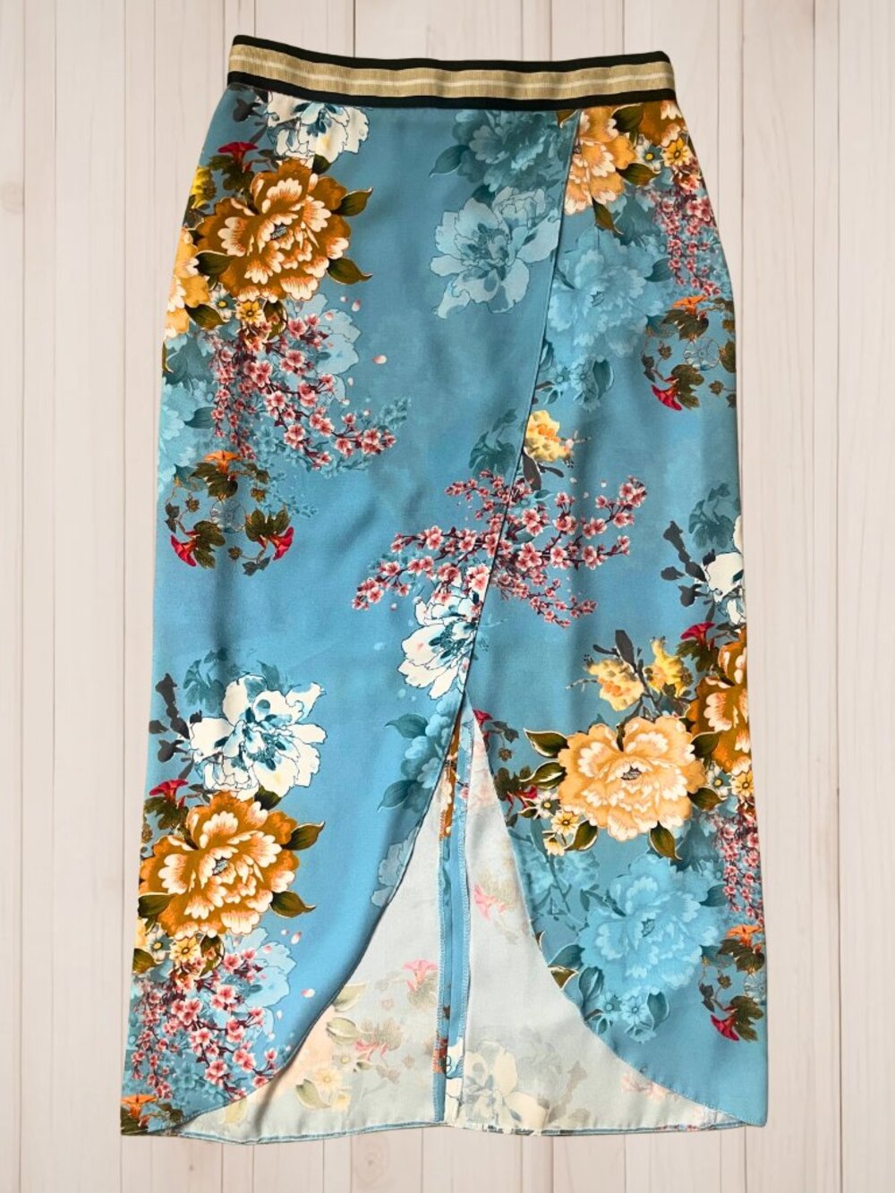 River Island Floral Faux-Wrap Skirt Grosgrain Racer Stripe Waistband Blue Sz 6